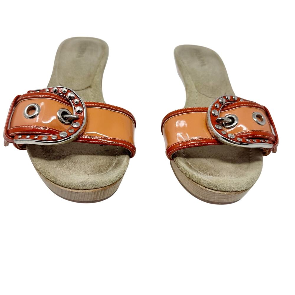 Prada Vintage Wood Platform Kitten Mule Orange Patent Buckle Studded EU 37 Y2K - Picture 4 of 8